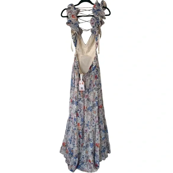 NWT Sunfere Floral Cut Out Maxi Dress Size Medium Lace Up Back Ruffles Flowy - Picture 6 of 14